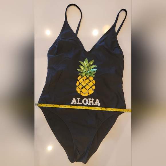 One Piece High Cut Swimsuit Sequined Pineapple ALOHA Juniors Large - Picture 7 of 13